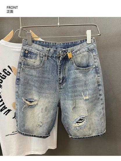 Summer Trendy Brand Handsome Denim Shorts Men's Washed Embroidered Patch Trendy Short Pants Ripped Slim-fit Elastic Middle Pants