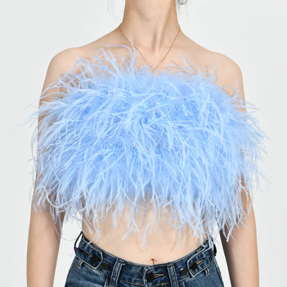 Jaxmonoy New Women Ostrich Feather Tube Spring Summer Sexy Stretch Top Bra Lady Party Wedding Fashion Sleeveless Cropped Top