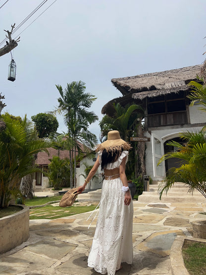 White Embroidered Hollow Out Dress For Women'S Summer Strapless Square Neck With A Unique Open Back Design, Slim Fit Long Skirt
