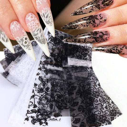 10 Sheets Lace Nail Foil White & Black Nail Stickers Design Transfer Foils Starry Sky Paper Nail Art Foil Decals for Nails Salon