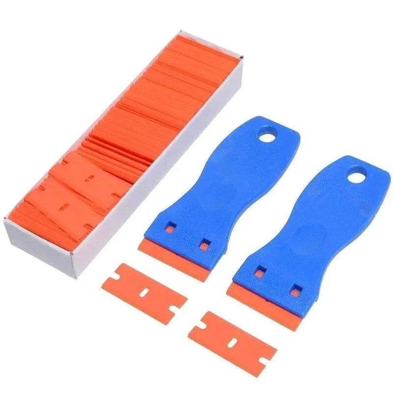 100 Pieces Two Cutting Plastic Razor Blade 1pcs Label Clean Razor Glue Remover Window Glass Clean Scraper Car Wrap Sticker Squee