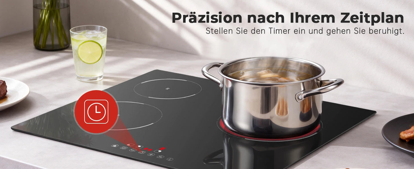 6000W Built-in Ceramic Hob, 4 Zone Induction Cooktop with Touch Control, 9 Power Levels, Timer & Child Lock, 60cm Black Glass