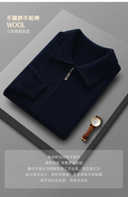 Men's 100% Merino Wool Thickened Sweater Polo Collar Business Zippered Cardigan Autumn Winter New Cashmere Jacket Knitted Top