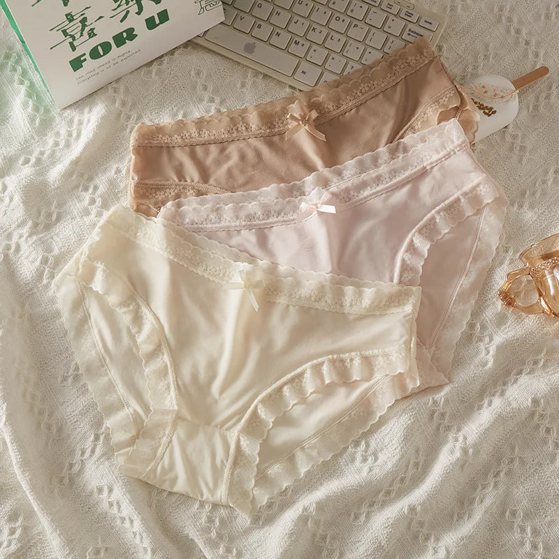 4 PCS/PACK Solid Color Women's Panties Mid-Waist Breathable Comfort Sexy Antibacterial Lace Innerwear