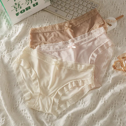 4 PCS/PACK Solid Color Women's Panties Mid-Waist Breathable Comfort Sexy Antibacterial Lace Innerwear