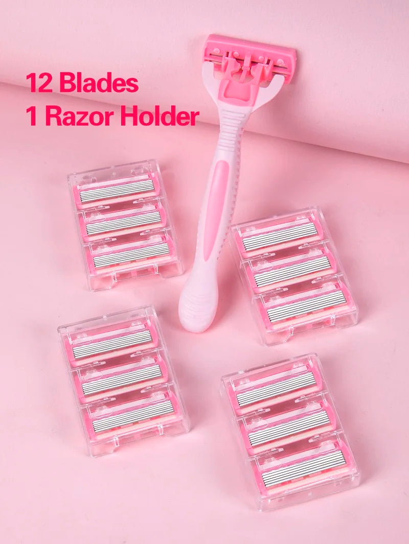 1 Handle + 12 / 17 Blades/ Men Women Manual Safety razor 6-Layer Stainless Steel Hair Removal Shaving Replaceable Shaver Head