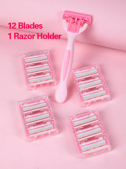 1 Handle + 12 / 17 Blades/ Men Women Manual Safety razor 6-Layer Stainless Steel Hair Removal Shaving Replaceable Shaver Head