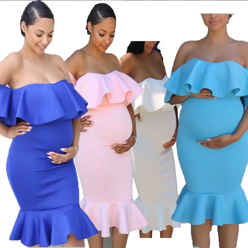 Maternity's Women Clothes Pregnancy Dresses Evening Solid Ruffles Off The Shoulder Maternity Dress Photography Summer Clothing