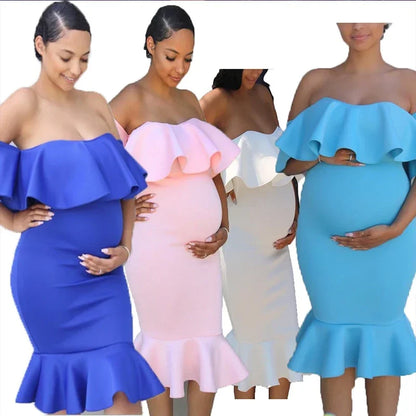 Maternity's Women Clothes Pregnancy Dresses Evening Solid Ruffles Off The Shoulder Maternity Dress Photography Summer Clothing