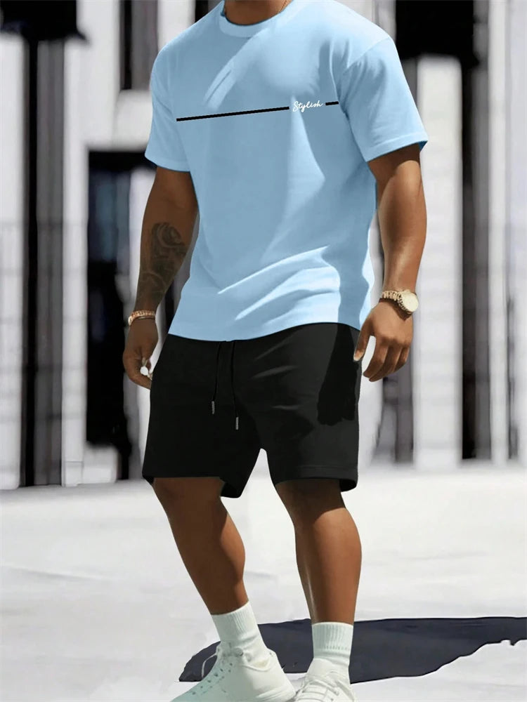 2025 New Men's Summer Round Neck Short Sleeve Suit Outdoor Sports Breathable Comfortable Shorts Suit Letter Print Casual Suit