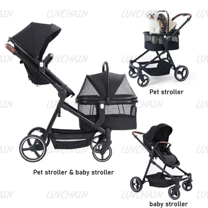 Portable pet stroller, dual-mode stroller that can carry both pets and babies at the same time, multifunctional and foldable,  pet carrier