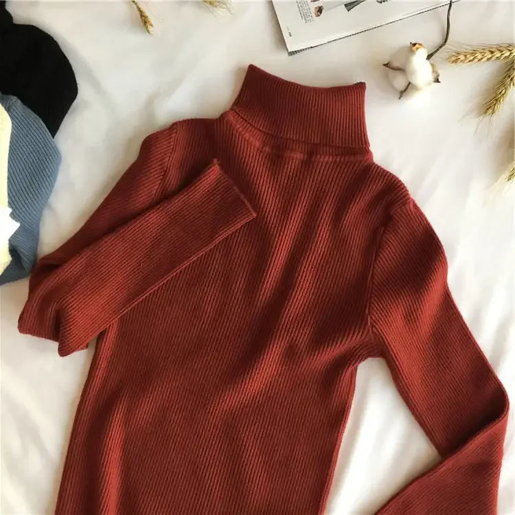 2026 Autumn Winter Sweater Women Knitted Ribbed Pullover Sweater Long Sleeve Turtleneck Slim Jumper Soft Warm Pull Femme