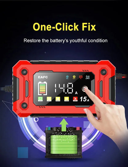 12V 8A /12V 15A Car Battery Charger | One-Touch Pulse Repair & Auto Start | All-in-One Fast Charger for Car, Motorcycle, Truck