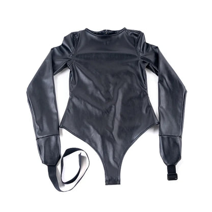 Leather Long Sleeve Bodysuit Straight Jacket with Crotch Strap,SM Game Bondage Armbinder Harness,Slave Role Costume BDSM Sex toy