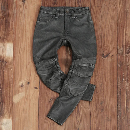 Men's Vintage Gray Black Motorcycle Style Trousers Genuine Thick Cowhide Biker's Pants Real Natural Leather Skinny Pants 4XL
