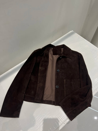 European Imported Kid Suede Leather Jacket for Woman High Grade Turn Down Collar Pocket Short Cropped Coat Long Sleeve Top Mujer
