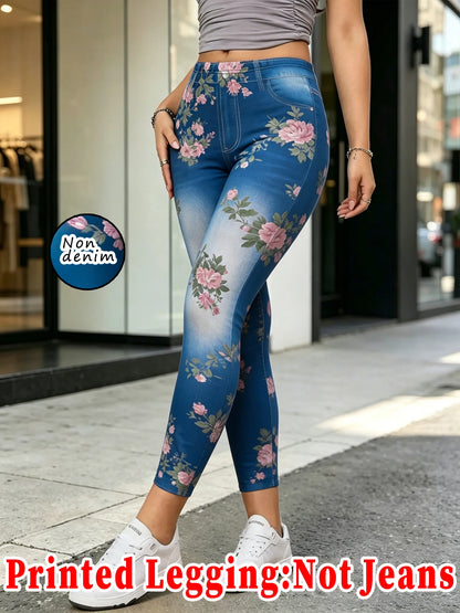 【Non-Denim】Women's Faux Denim Print Leggings, Sports Casual Skinny Pants, Thin Soft Skin-Friendly Yoga Pants, All-Season Long Pa