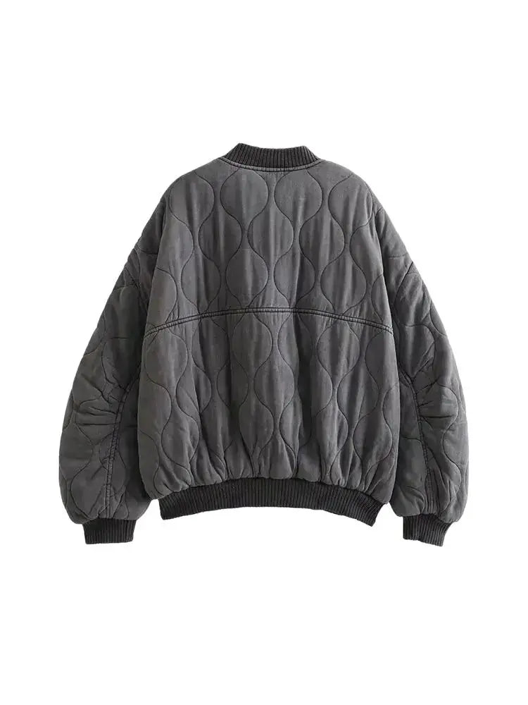 Women Fashion Oversized Thick Warm Quilted Bomber Jackets Coat Vintage Long Sleeves Snap-button Female Outerwear Chic Tops