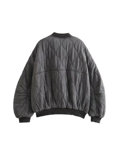 Women Fashion Oversized Thick Warm Quilted Bomber Jackets Coat Vintage Long Sleeves Snap-button Female Outerwear Chic Tops