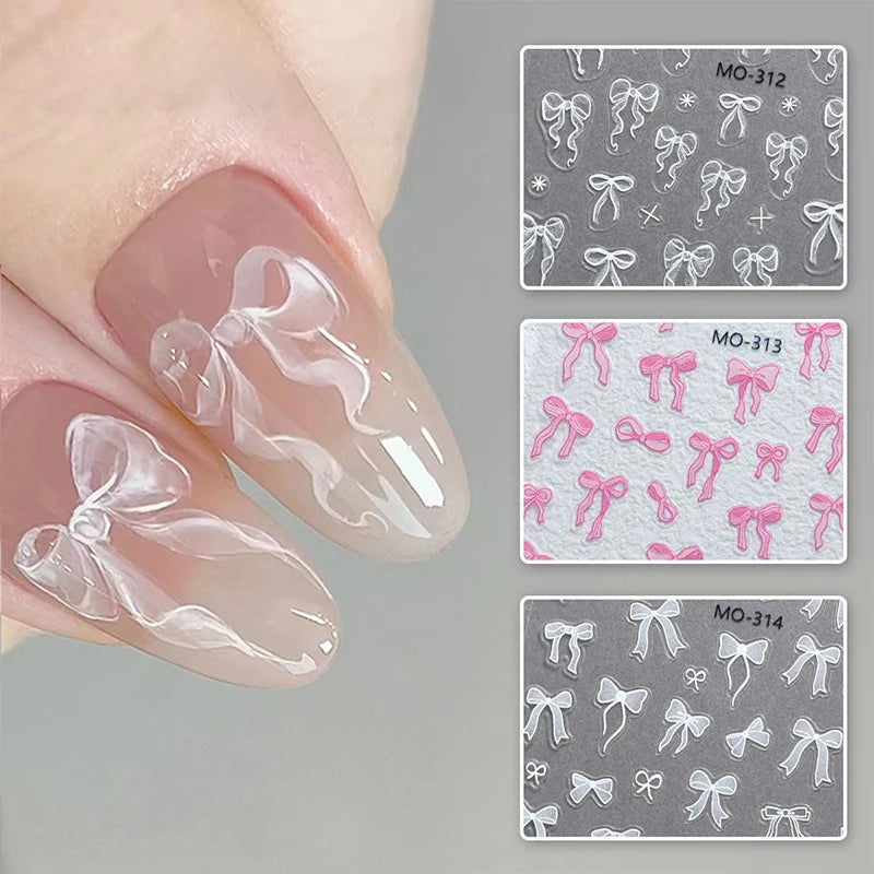 3D White Bowknot Flower Nail Art Sticker Ultra-thin Self-Adhesive Slider Summer Nail Art Decal Decoration DIY Manicure Accesorie