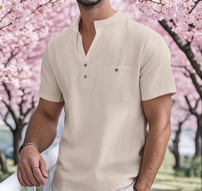 Summer Men's Cotton and Linen Shirt Casual Short Sleeved Stand Up Collar Top Breathable Loose Men's Fashionable Streetwear