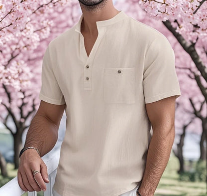 Summer Men's Cotton and Linen Shirt Casual Short Sleeved Stand Up Collar Top Breathable Loose Men's Fashionable Streetwear