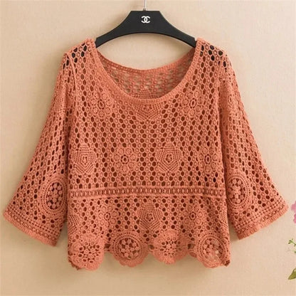 Women's Summer Short Jacket 2025 New Pullover Round Neck Knit Female Sweater Top Loose Fashion Hollowing Out Ladies Lace Tops