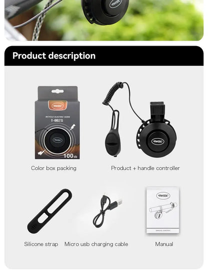 TWOOC Bicycle Electronic Horn Volume Adjustment 4 Kinds of Classic Cingtones Rechargeable 100dB Not Harsh Road Mountain Bike