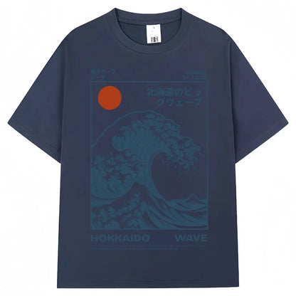 Japanese Style Hokkaido Wave Vintage T-shirt Men Women Harajuku Fashion High Quality T Shirts Oversized Cotton Summer Tee Shirt