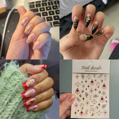 1pcs 3D Bronzing Gold Love Heart Nail Art Stickers Y2K Holographic Stars Sun Starlight DIY Nail Decals Heart Manicure Decoration