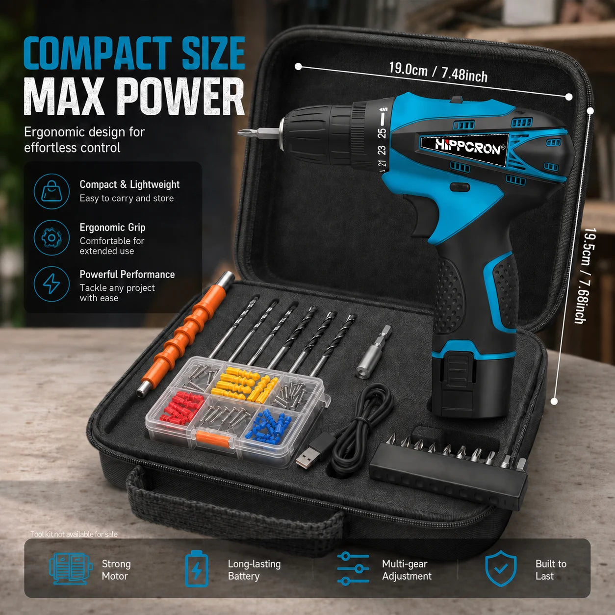 Hippcron 12V Lithium Electric Drill Tapping Cordless Impact Tool Ratchet Set Multifunction Screwdriver Household with 3/8" Chuck