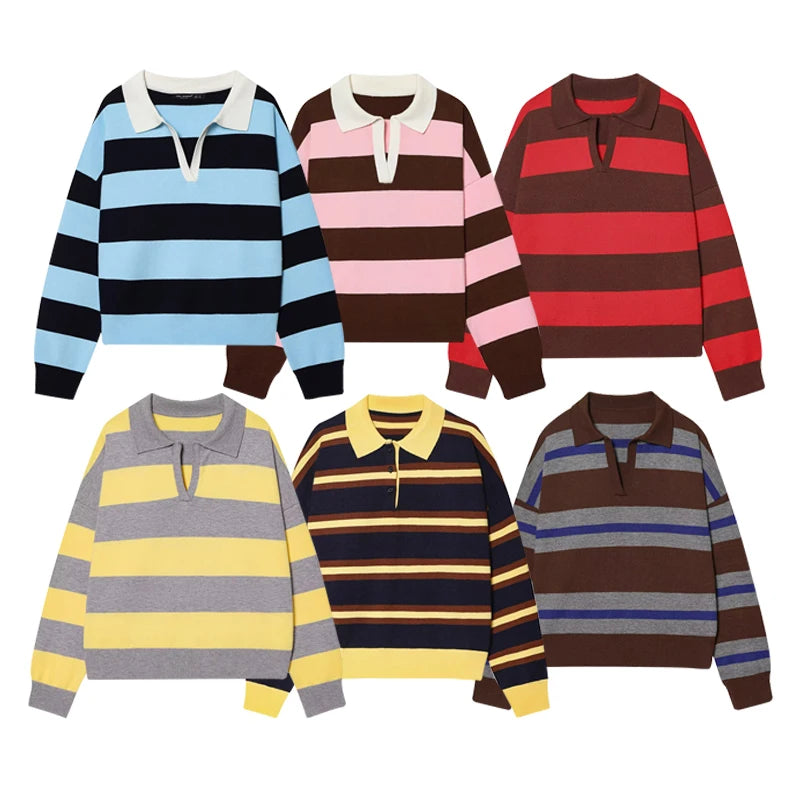 Sweater knitted Pullover Women's Spring 2026 New Fashion Striped Loose Polo neck Warm Women Sweater Chic Youth Holiday Pullover
