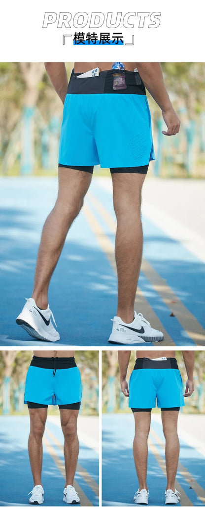 2 in 1 Trail Running Marathon Multifunctional Shorts Quick Dry Long Distance Training Sports Men Summer Lining With Waist bag