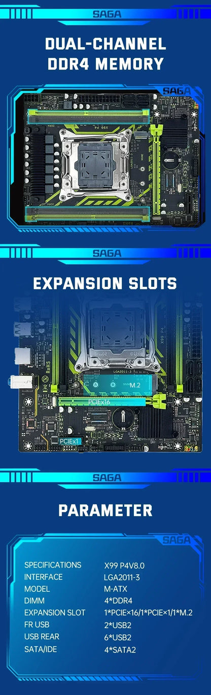SOYO X99 Motherboard Set With LGA2011-3 Xeon E5 2630 V4 CPU DDR4 8GB (1*8GB)  2133MHz RAM NVME M.2 SATA Computer Accessories