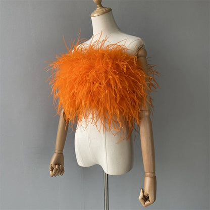 Jaxmonoy New Women Ostrich Feather Tube Spring Summer Sexy Stretch Top Bra Lady Party Wedding Fashion Sleeveless Cropped Top