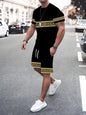 Summer Men's Stripe Print Short Sleeve Tee Elastic waist Shorts 2 Pieces Set Plus Size Loose O-Neck T-shirt Pockets Shorts Set