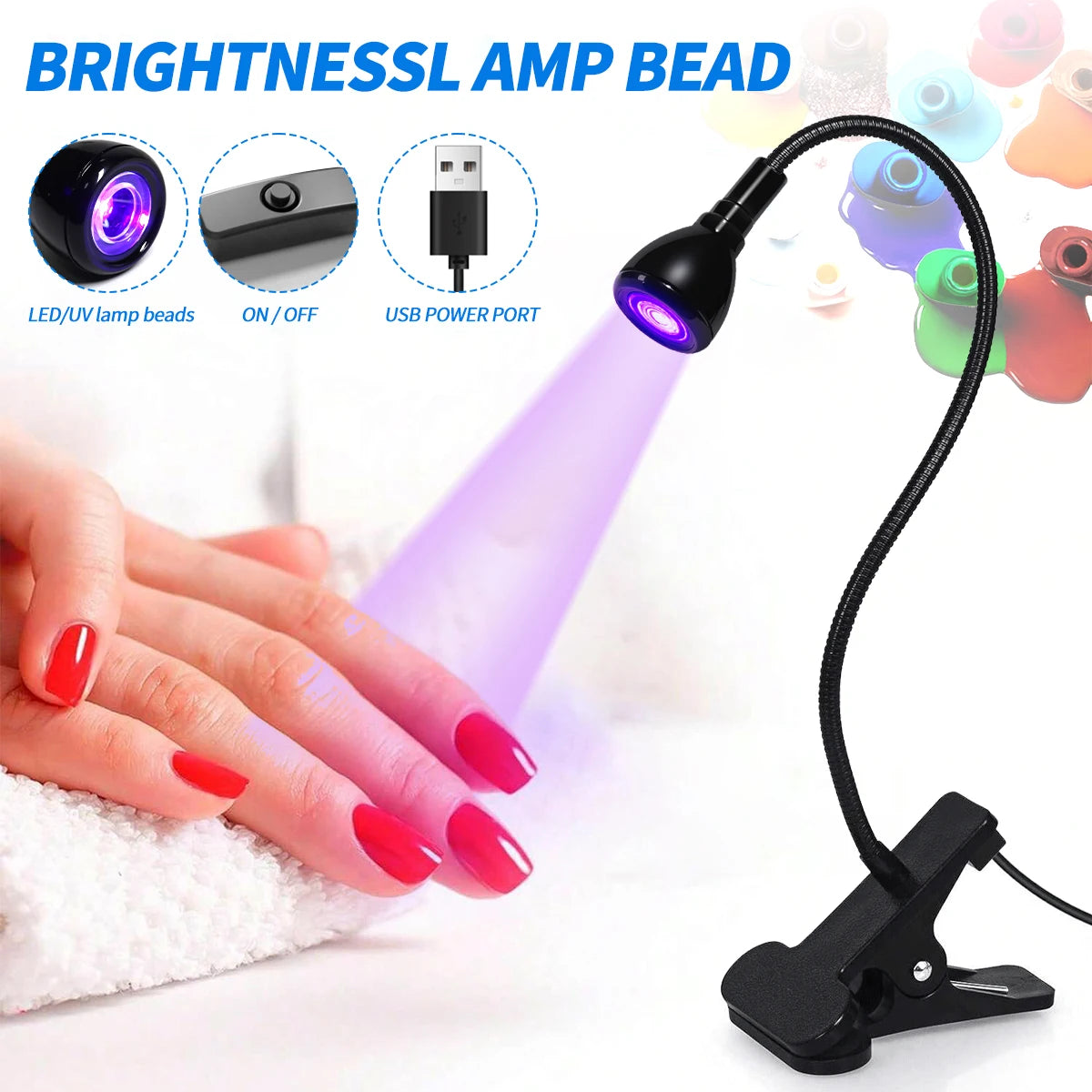 Nail LED UV Lamp for Drying Gel Nails Polish Clip-On Flexible Desk Mini Portable USB Nail Lamp UV Light Dryer for Manicure Salon