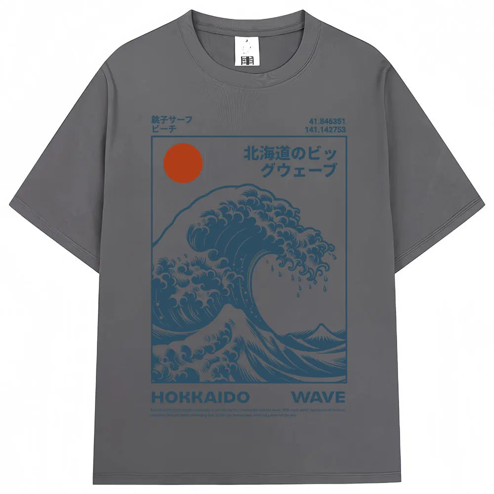 Japanese Style Hokkaido Wave Vintage T-shirt Men Women Harajuku Fashion High Quality T Shirts Oversized Cotton Summer Tee Shirt
