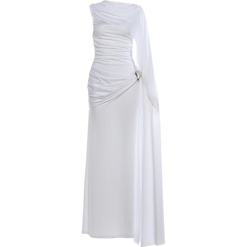 Weird Puss Elegant Party Dress Woman Ruched o-Neck Sleeveless Irregular Ribbon Metal Trim Classic Chic Birthday Banquet Vestidos