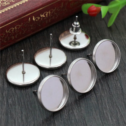 (Never Fade) 6/8/10/12/14/16/18/20mm Stainless Steel Earring Base Studs Ear Cameo Settings Cabochon Base Tray Blank (With Back)