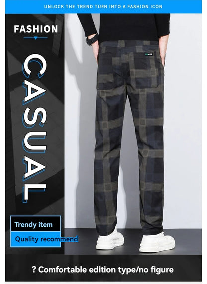 Autumn Winter Luxury Plaid Check Pattern Casual Pants Men Thick Business Elastic Waist Slim Fit Korean Pocket Long Trousers Male