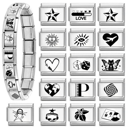 Laser Engraving Cute Cartoon Black Playing Cats Italian Charm Links Fit 9mm Stainless Steel Bracelet Men Women DIY Making Gifts
