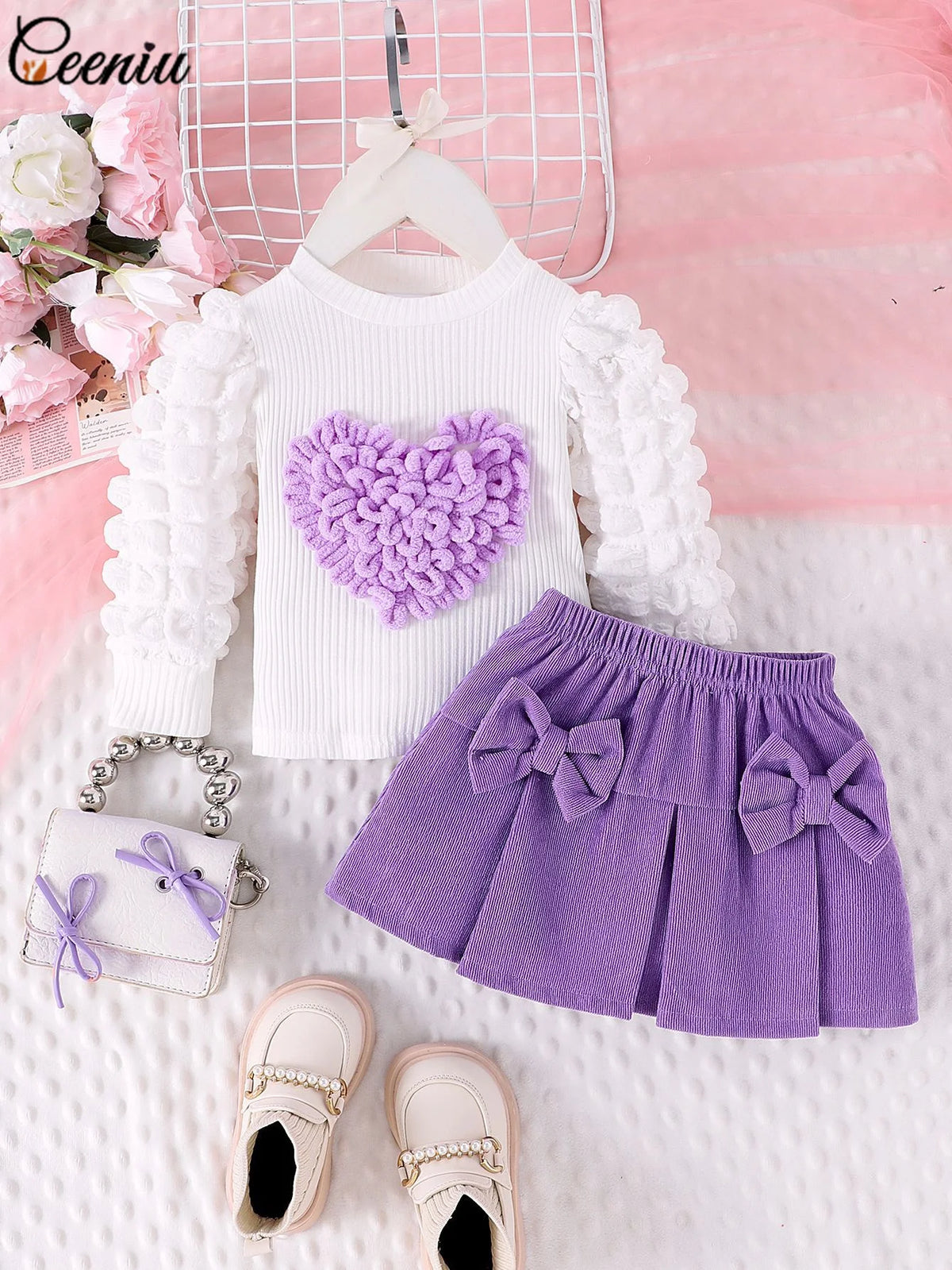 0-3Y Baby Girl Outfit Set 2pcs Puffy Sleeve Heart Shape Top and Corduroy Skirts Valentines Day Sweet Toddler Kids Clothes Girls