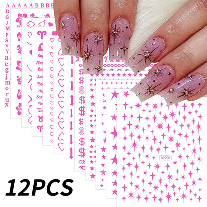 12Pcs 3D Gold Sliver Stars Nail Stickers Bronzing Starlight Nail Art Decals Self Adhesive Slider Decals DIY Nail Tips Decoration