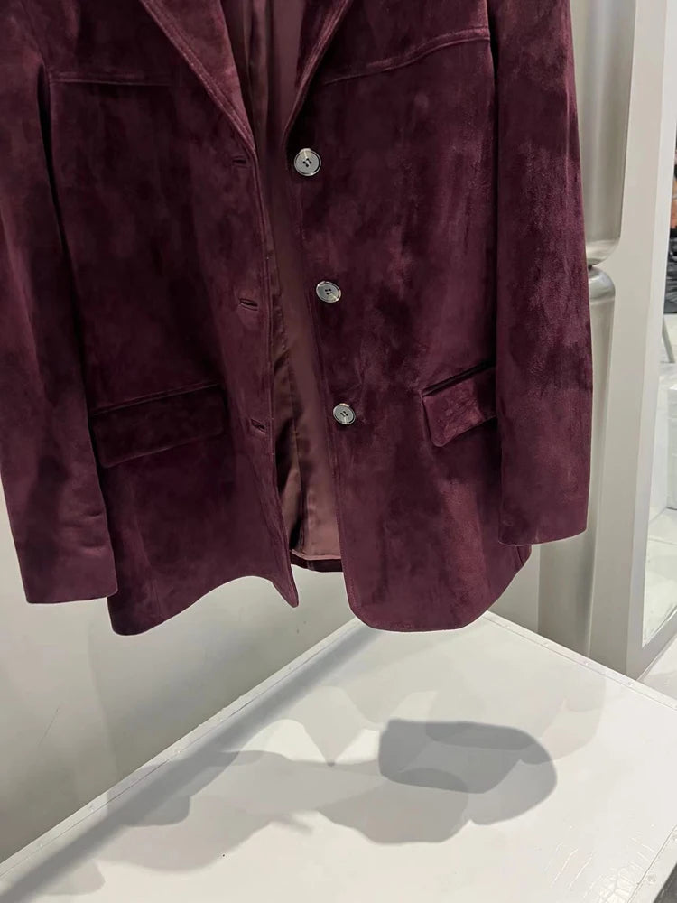 French High-end Western-style Leather Jacket for Women 2026 New Color Purple Red Oversized Casual Kid Suede Suit Blazer Outwears