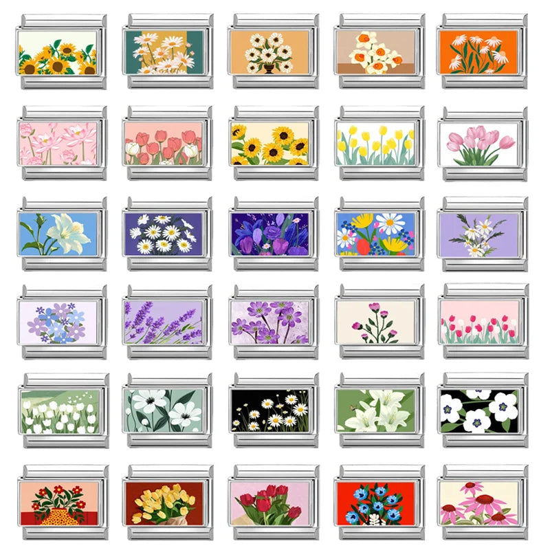 2025 Women's Fashion Colorful Flowers Oil Painting Style Series Italian Charms Fit 9mm Stainless Steel Bracelet DIY Jewelry Gift