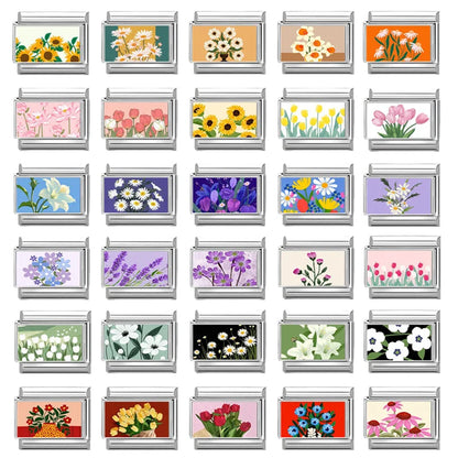 2025 Women's Fashion Colorful Flowers Oil Painting Style Series Italian Charms Fit 9mm Stainless Steel Bracelet DIY Jewelry Gift