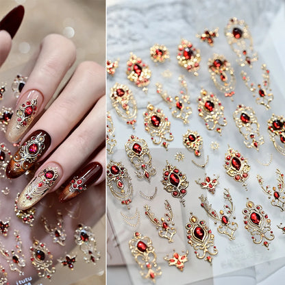 5D Embossed Emerald Gemstones Nail Art Stickers Luxury Golden Frame Baroque Flower Nail Decals Green Rhinestones Nail Supplies