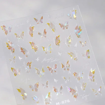 Shiny Jelly Butterfly Charming Golden Gradient Bowknot 5D Self Adhesive Nail Art Sticker Flower Petal Rhinestone Manicure Decals