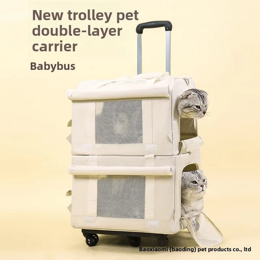 Pet Trolley Case Oxford Double-Decker Pet Travel Bag Luggage Cat Carrier Outings Portable Large-Capacity Breathable 7kg Two Cats